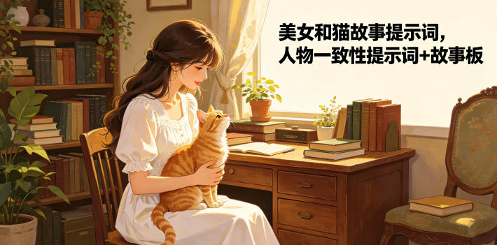 美女和猫故事提示词，人物一致性提示词+故事板-副业网