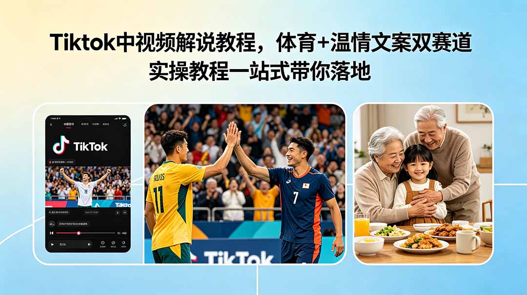 Tiktok中视频解说教程，体育+温情文案双赛道实操教程一站式带你落地-副业网