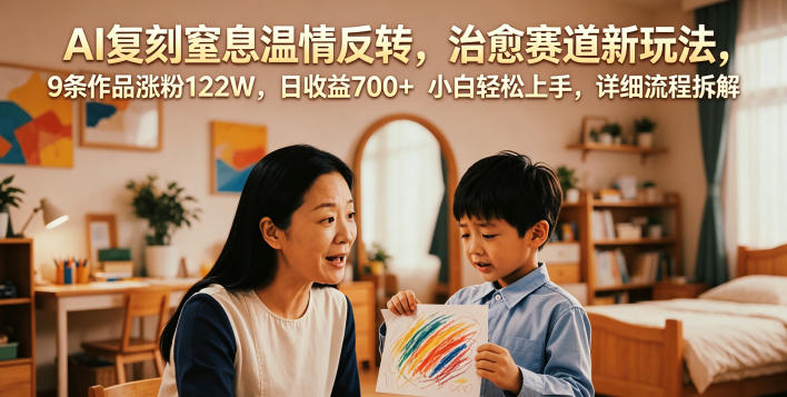 AI复刻窒息温情反转，治愈赛道新玩法，9条作品涨粉122W，日收益700+ 小白轻松上手，详细流程拆解-副业网