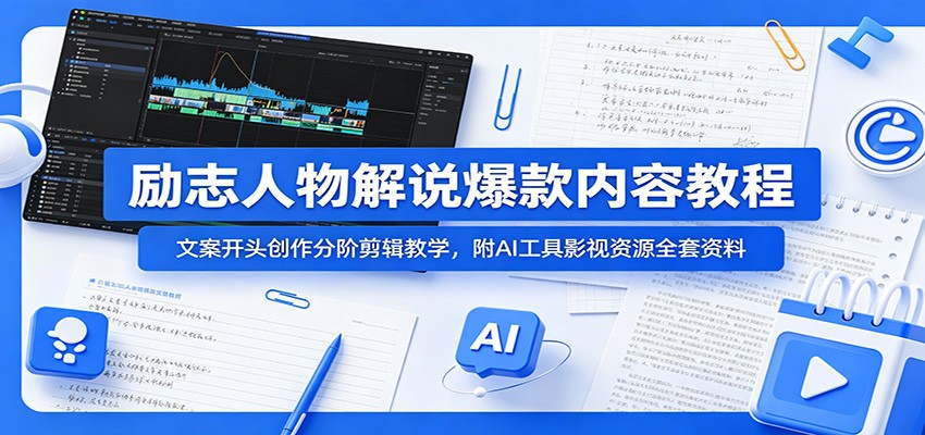 励志人物解说爆款内容教程：文案开头创作分阶剪辑教学，附AI 工具影视资源全套资料-副业网