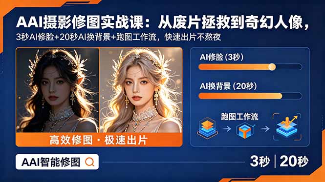 AI摄影修图实战课：从废片拯救 到 奇幻人像，3秒AI修脸+20秒AI换背景+跑图工作流，快速出片不熬夜-副业网