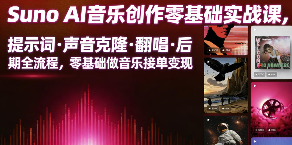 Suno AI音乐创作实战课，提示词・声音克隆・翻唱・后期全流程，零基础做音乐接单变现-副业网