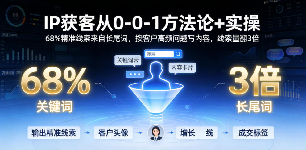 IP获客从0-1方法论+实操，68%精准线索来自长尾词，按客户高频问题写内容，线索量翻3倍-副业网
