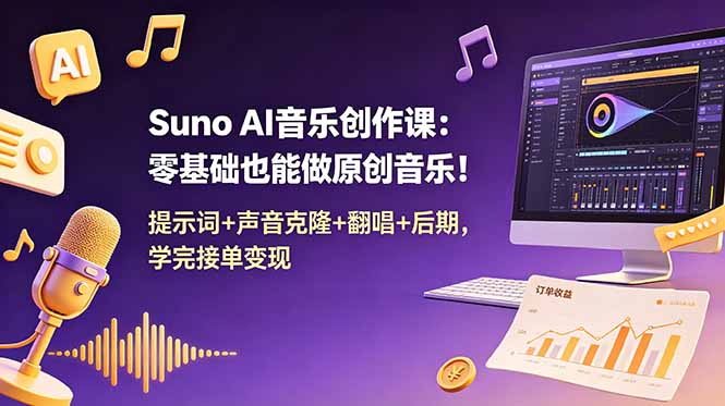 Suno AI音乐创作课：零基础也能做原创音乐！提示词+声音克隆+翻唱+后期，学完接单变现-副业网