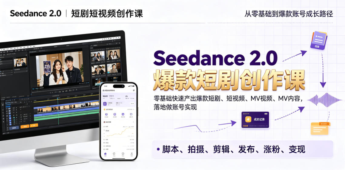 Seedance 2.0短剧短视频创作课，零基础快速产出爆款短剧、短视频、MV内容，落地做账号实现变现-副业网