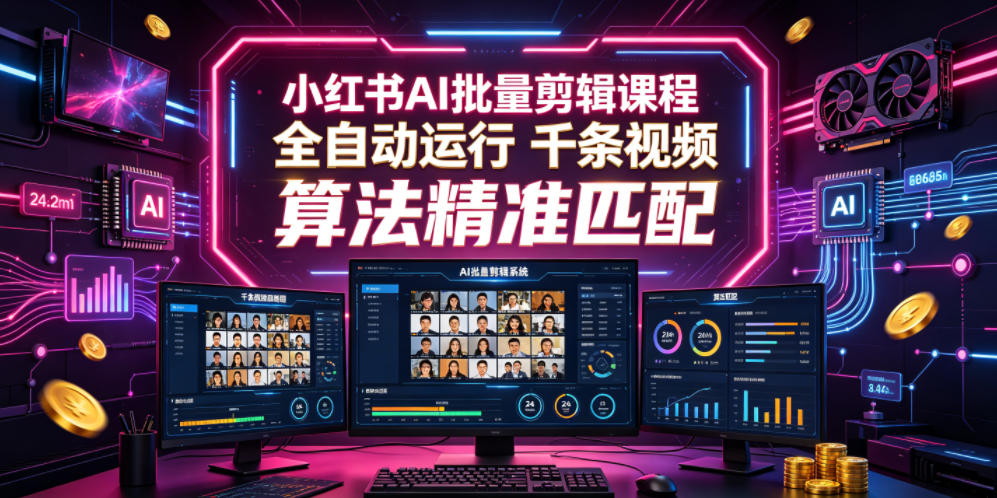 小红书AI批量剪辑课程，24小时全自动运行，解放双手专注运营，千条视频批量处理，小红书算法精准匹配-副业网