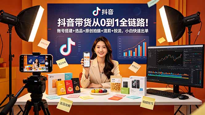 抖音带货从0到1全链路!账号搭建+选品+原创拍摄+混剪+投流,小白快速出单-副业网