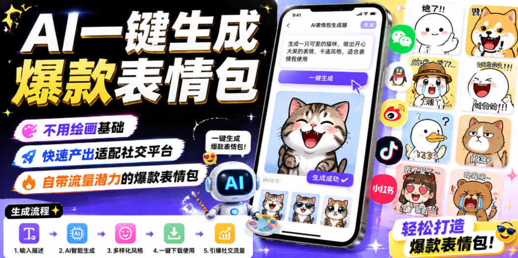 AI一键生成爆款表情包,不用绘画基础,快速产出适配社交平台,自带流量潜力的爆款表情包-副业网