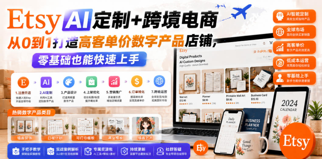 Etsy AI定制+跨境电商,从0到1打造高客单价数字产品店铺,零基础也能快速上手-副业网