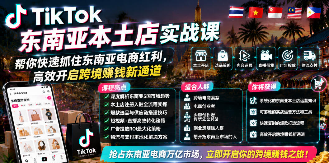 TikTok东南亚本土店实战课，帮你快速抓住东南亚电商红利，高效开启跨境賺钱新通道-副业网