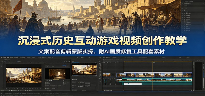 沉浸式历史互动游戏视频创作教学：文案配音剪辑蒙版实操，附AI画质修复工具配套素材-副业网