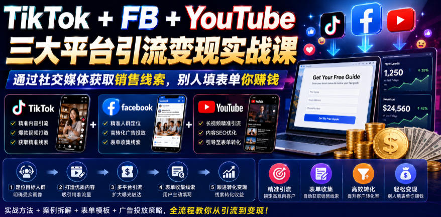 TikTok+FB+YouTube三大平台引流变现实战课,通过社交媒体获取销售线索,别人填表单你賺钱【原创双语字幕】-副业网