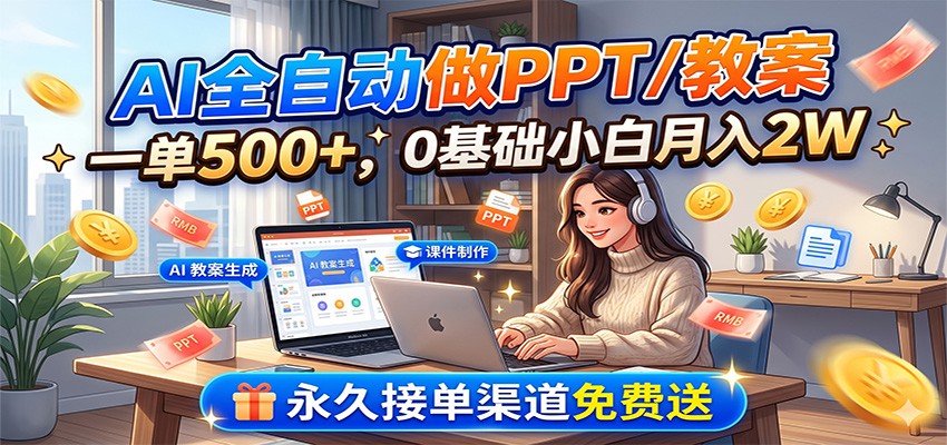 AI全自动做PPT/教案,一单500+,0基础小白月入2W,永久接单渠道免费送-副业网