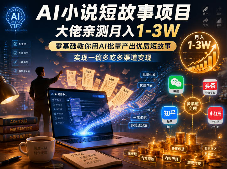 AI小说短故事项目,大佬亲测月入1-3W,零基础教你用AI批量产出优质短故事,实现一稿多吃多渠道变现(更新0624)-副业网