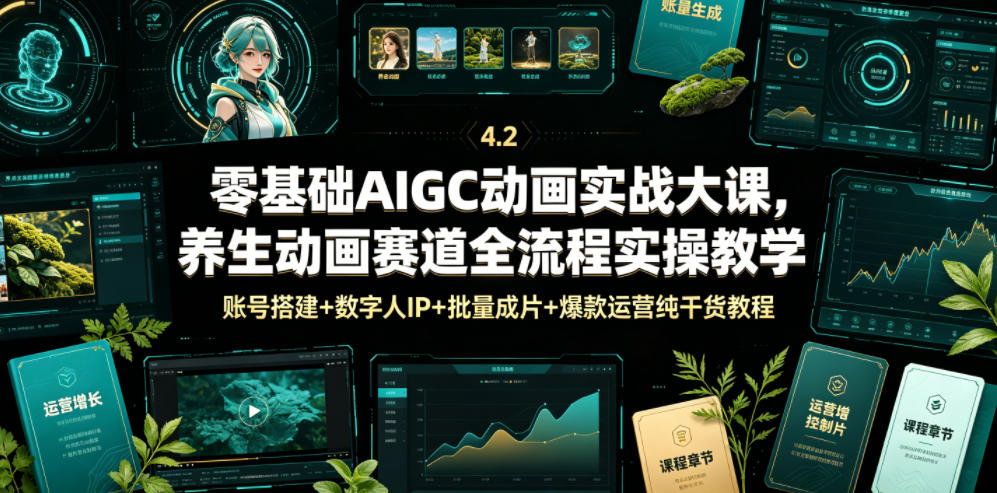 零基础AIGC动画实战大课,养生动画赛道全流程实操教学,账号搭建+数字人IP+批量成片+爆款运营纯干货教程-副业网