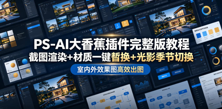 PS-AI大香蕉插件完整版教程，截图渲染+材质一键替换+光影季节切换，室内外效果图高效出图高阶课程-副业网