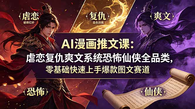 AI漫画推文课：虐恋复仇爽文系统恐怖仙侠全品类，零基础快速上手爆款图文赛道-副业网