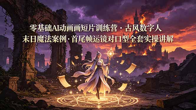 零基础AI动画短片训练营,古风数字人末日魔法案例,首尾帧运镜对口型全套实操讲解-副业网