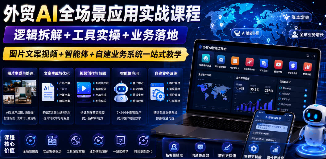 外贸AI全场景应用实战课程|逻辑拆解+工具实操+业务落地,图片文案视频+智能体+自建业务系统一站式教学-副业网