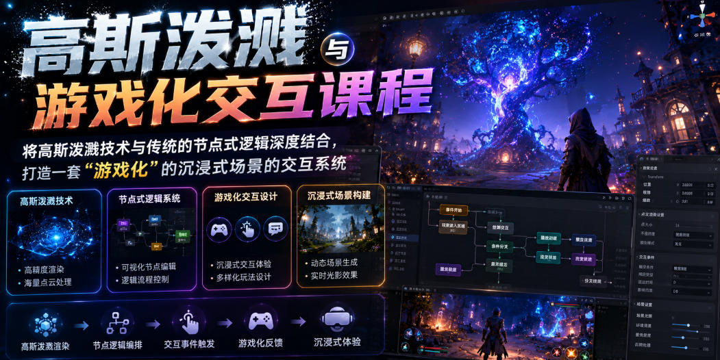 高斯泼溅与游戏化交互课程，将高斯泼溅技术与传统的节点式逻辑深度结合，打造一套“游戏化”的沉浸式场景的交互系统-副业网