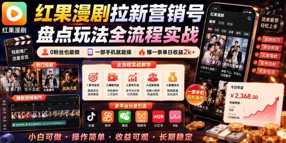 红果漫剧拉新营销号盘点玩法全流程实战,0粉丝也能做,一部手机就能做,爆一条单日收益2k+(更新0628)-副业网