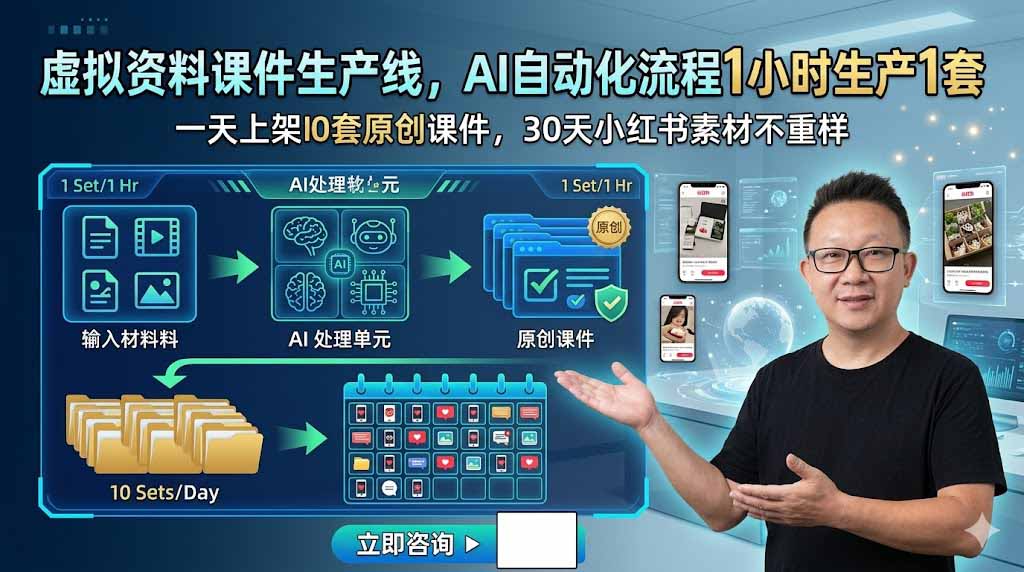 虚拟资料课件生产线,AI自动化流程1小时生产1套,一天上架10套原创课件,30天小红书素材不重样-副业网