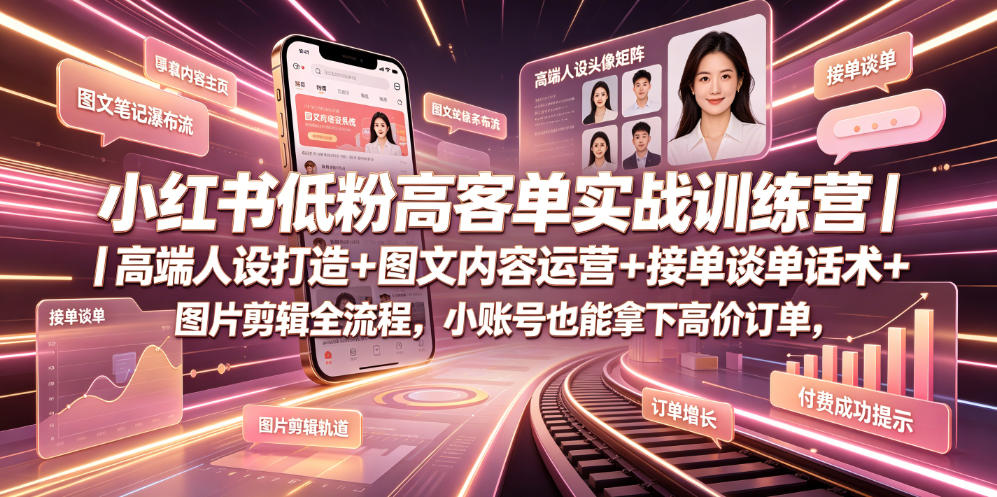 小红书低粉高客单实战训练营｜高端人设打造+图文内容运营+接单谈单话术+图片剪辑全流程，小账号也能拿下高价订单-副业网