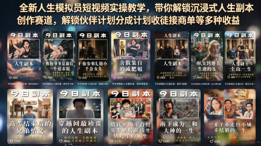 全新人生模拟员短视频实操教学,带你解锁沉浸式人生副本创作赛道,解锁伙伴计划分成计划收徒接商单等多种收益-副业网