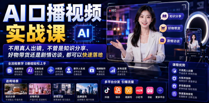 AI口播视频实战课,不用真人出镜,不管是知识分享、好物带货还是剧情访谈,都可以快速落地-副业网
