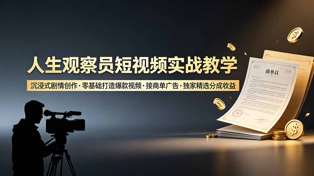 人生观察员短视频实战教学,沉浸式剧情创作,零基础打造爆款视频,接商单广告,独家精选分成收益-副业网