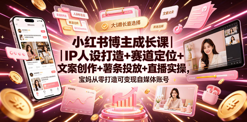 小红书博主成长课｜IP人设打造+赛道定位+文案创作+薯条投放+直播实操，宝妈从零打造可变现自媒体账号-副业网