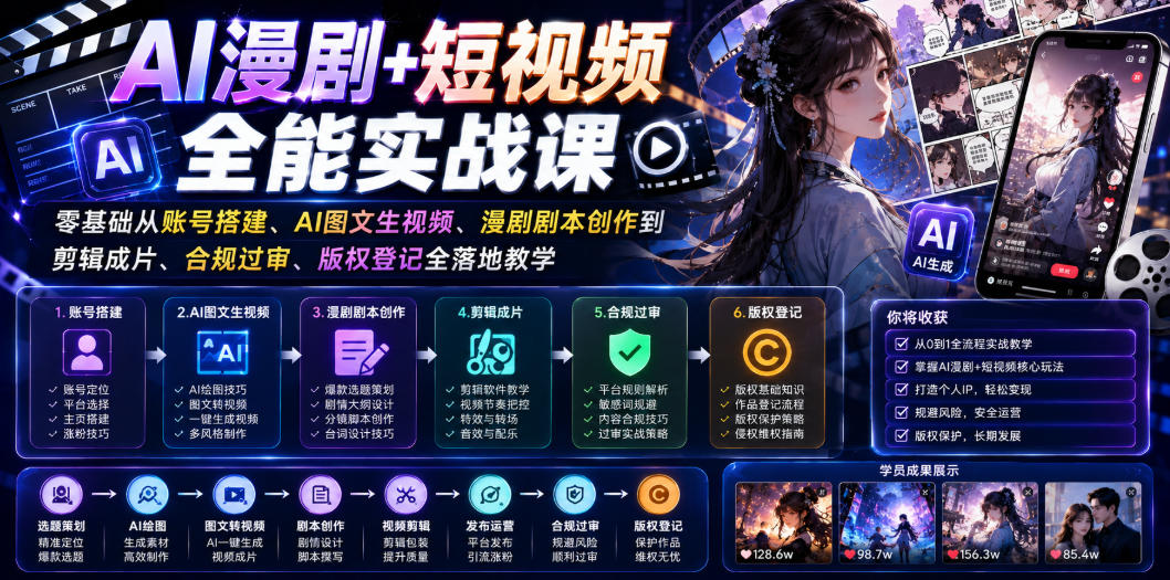 AI漫剧+短视频全能实战课|零基础从账号搭建、AI图文生视频、漫剧剧本创作到剪辑成片、合规过审、版权登记全落地教学-副业网