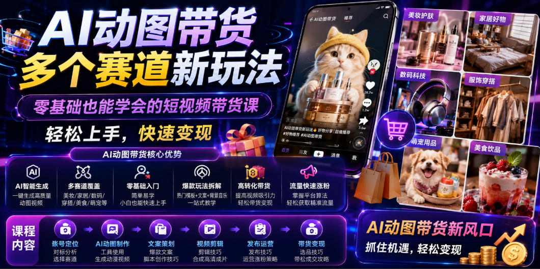 AI动图带货多个赛道新玩法，零基础也能学会的短视频带货课，轻松上手，快速变现-副业网