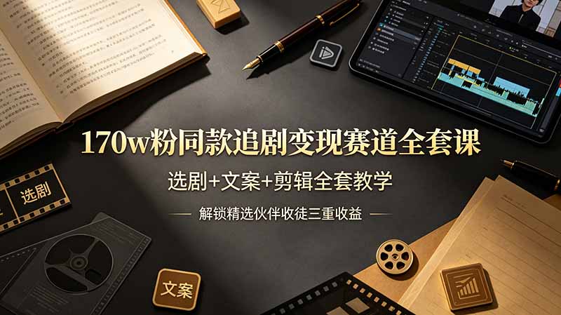 170w粉博主同款追剧变现赛道全套课，选剧+文案+剪辑全套教学，解锁精选伙伴收徒三重收益-副业网