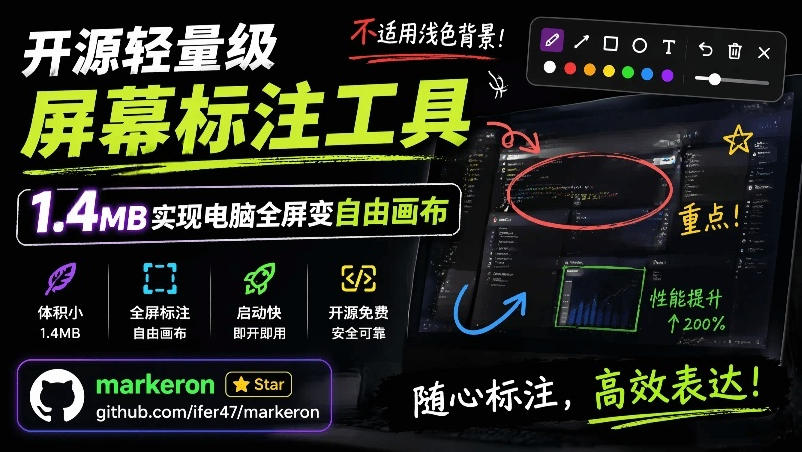 开源轻量级屏幕标注工具,1.4MB实现电脑全屏变自由画布!支持8种标注工具和全键盘操控MarkerOn-副业网