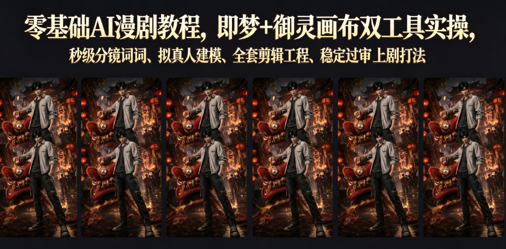 零基础AI漫剧教程,即梦+御灵画布双工具实操,秒级分镜提示词、拟真人建模、全套剪辑工程、稳定过审上剧打法-副业网
