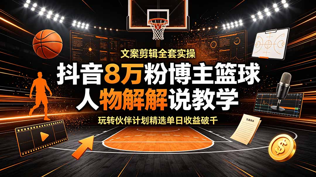 抖音8万粉博主篮球人物解说教学，文案剪辑全套实操，玩转伙伴计划精选单日收益破千-副业网