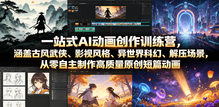 一站式AI动画创作训练营，涵盖古风武侠、影视风格、异世界科幻、解压场景，从零自主制作高质量原创短篇动画-副业网