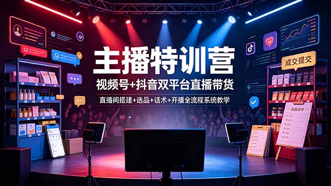 主播特训营：视频号+抖音双平台直播带货，直播间搭建+选品+话术+开播全流程系统教学-副业网