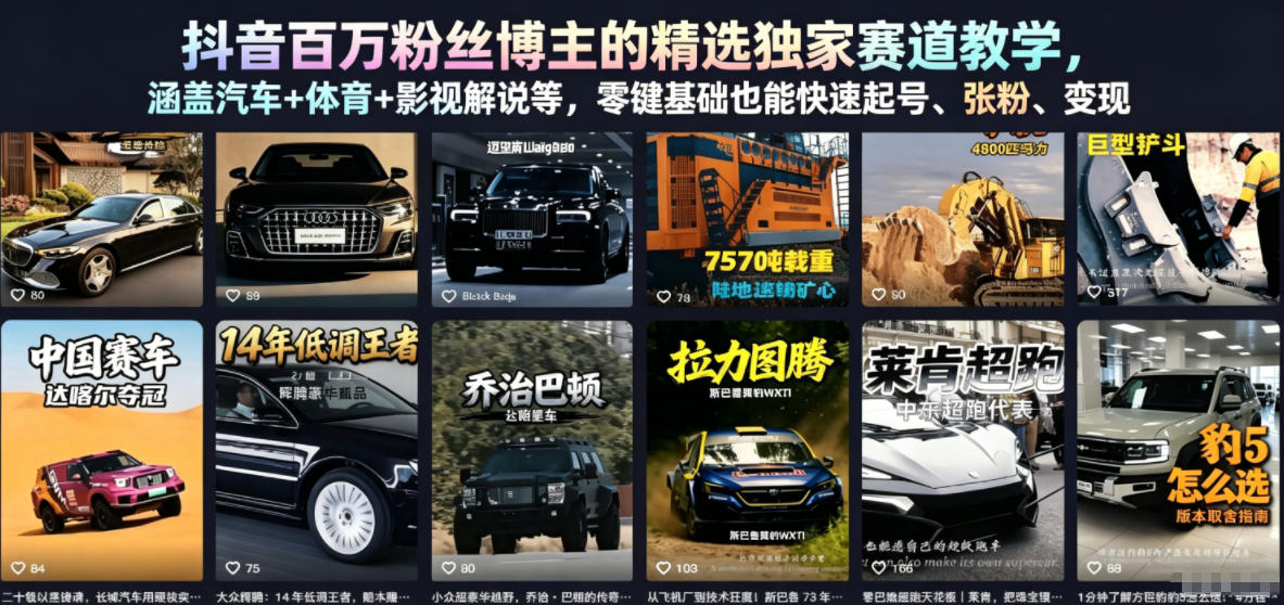 抖音百万粉丝博主的精选独家赛道教学，涵盖汽车+体育+影视解说等，零基础也能快速起号、涨粉、变现(更新0701)-副业网
