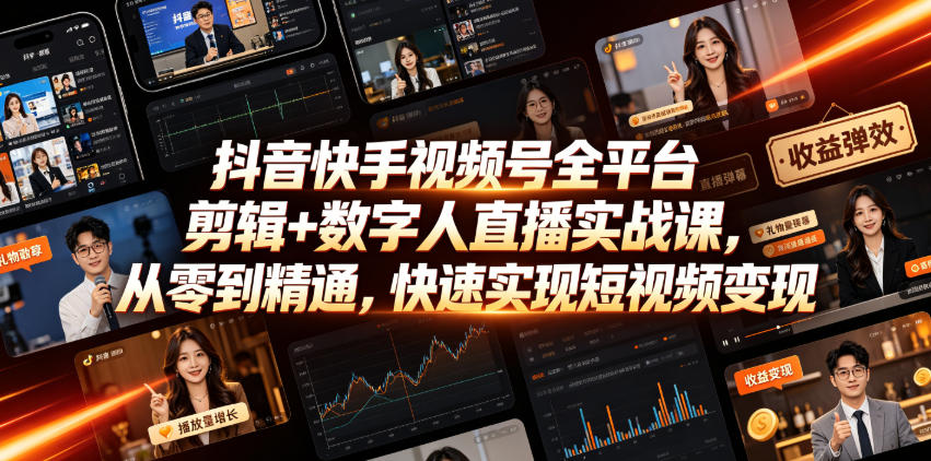 抖音快手视频号全平台剪辑+数字人直播实战课,从零到精通,快速实现短视频变现(更新2026年6月)-副业网