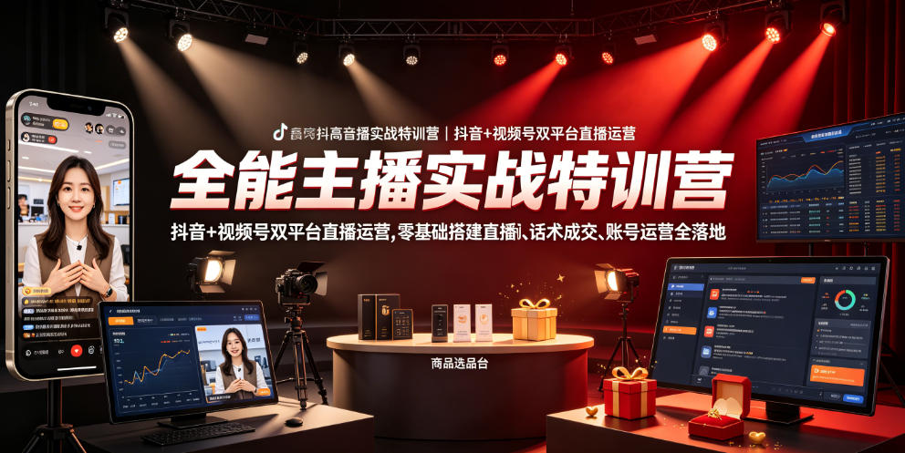 全能主播实战特训营｜抖音+视频号双平台直播运营，零基础搭建直播间、精准选品、话术成交、账号运营全落地-副业网