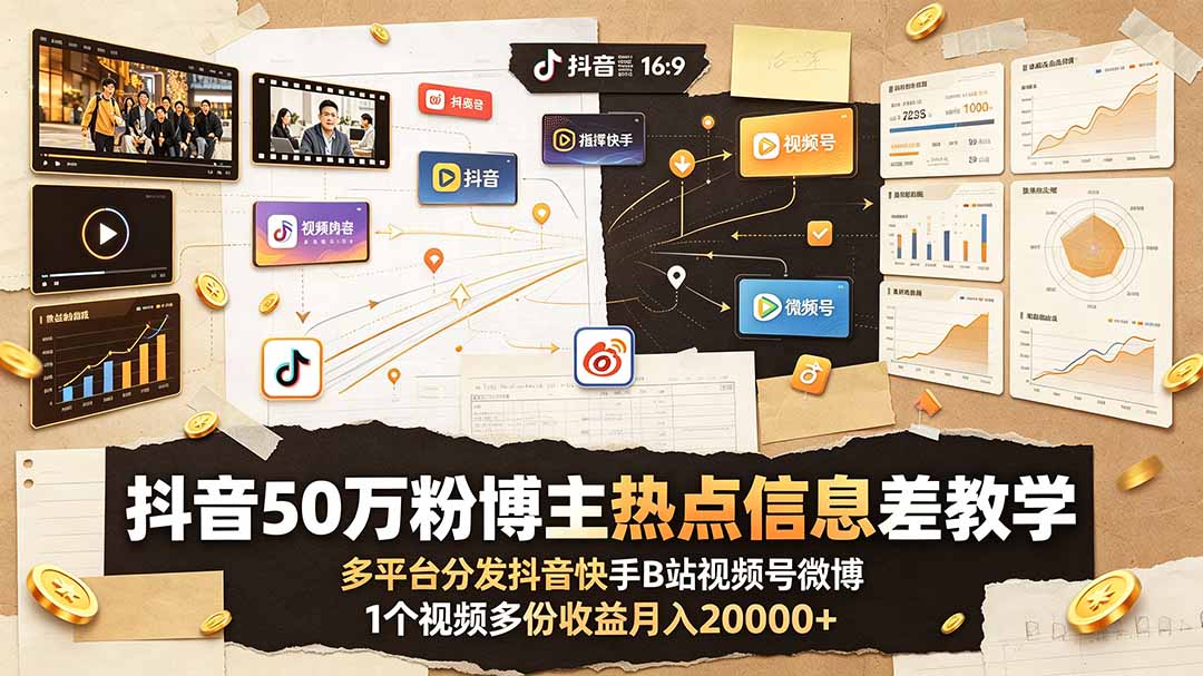 抖音50万粉博主热点信息差教学：多平台分发抖音快手B站视频号微博，1个视频多份收益月入20000+-副业网