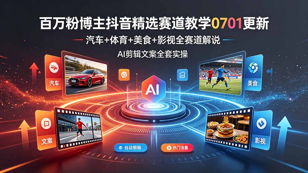 百万粉博主抖音精选赛道教学-0701更新,汽车+体育+美食+影视全赛道解说,AI剪辑文案全套实操-副业网