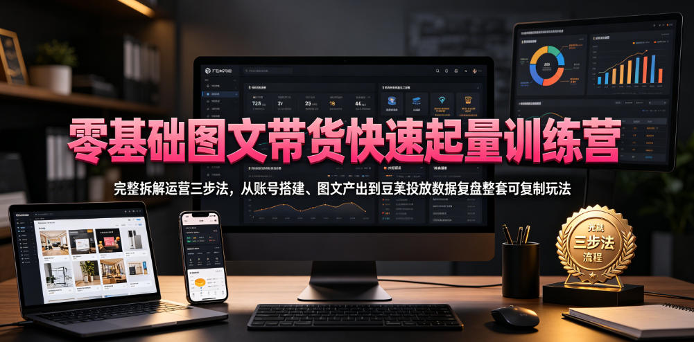 零基础图文带货快速起量训练营,完整拆解运营三步法,从账号搭建、图文产出到豆荚投放数据复盘整套可复制玩法-副业网