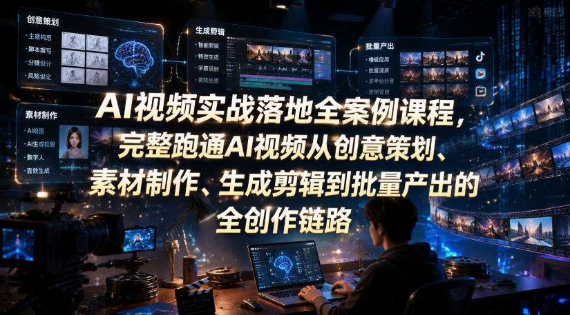 AI视频实战落地全案例课程,完整跑通AI视频从创意策划、素材制作、生成剪辑到批量产出的全创作链路-副业网