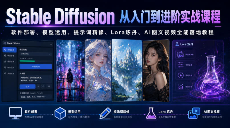 Stable Diffusion从入门到进阶实战课程|软件部署、模型运用、提示词精修、Lora炼丹、AI图文视频全能落地教程-副业网