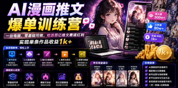 AI漫画推文爆单训练营，一台电脑，零基础可做，吃透百亿推文赛道红利，实现单条作品收益1k+-副业网