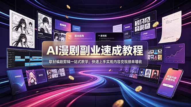 AI漫剧副业速成教程,取材编剧剪辑一站式教学;快速上手实现内容变现接单增收-副业网
