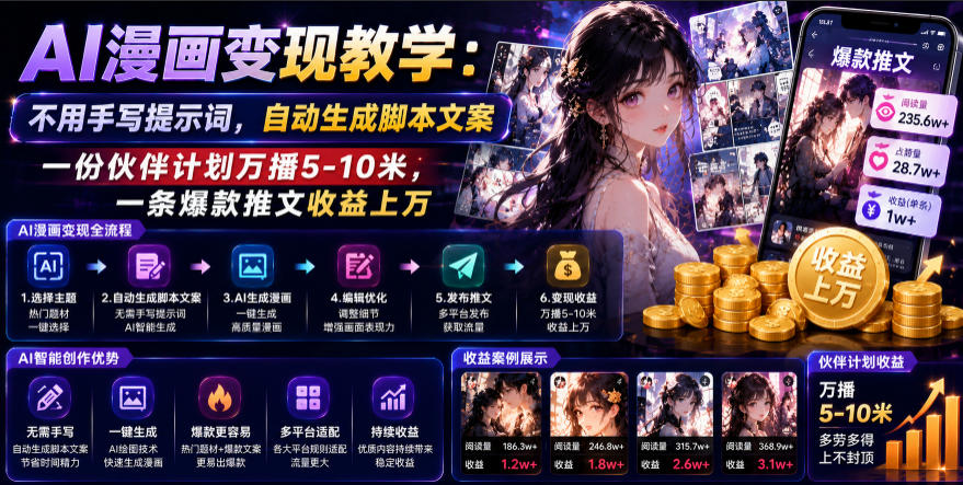 AI漫画变现教学：不用手写提示词，自动生成脚本文案，一份伙伴计划万播5-10米，一条爆款推文收益上W-副业网